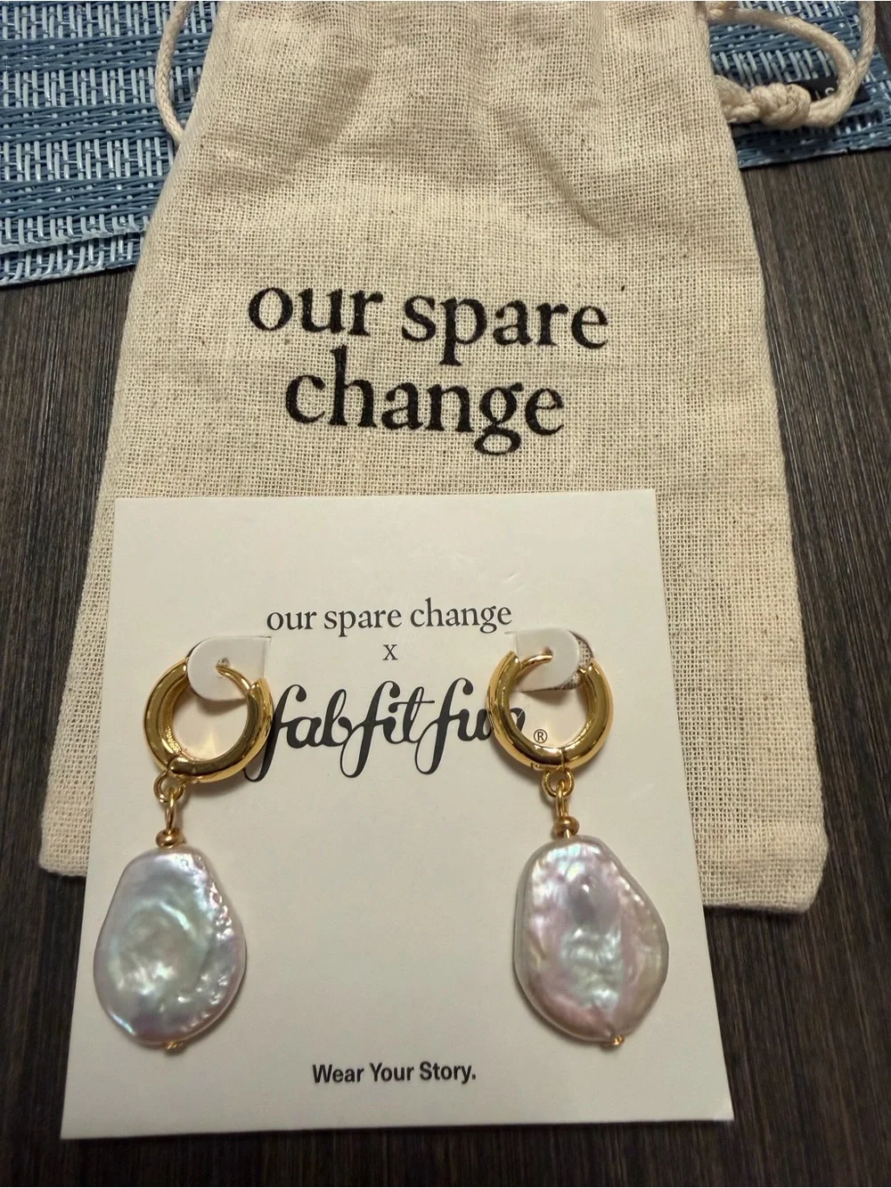 Gold Hoop Earrings with Iridescent Pearl Drops NWOT